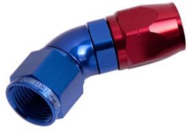 <strong>550 Series Cutter One-Piece Full Flow Swivel 45° Hose End -20AN </strong><br />Blue/Red Finish. Suits 100 & 450 Series Hose

